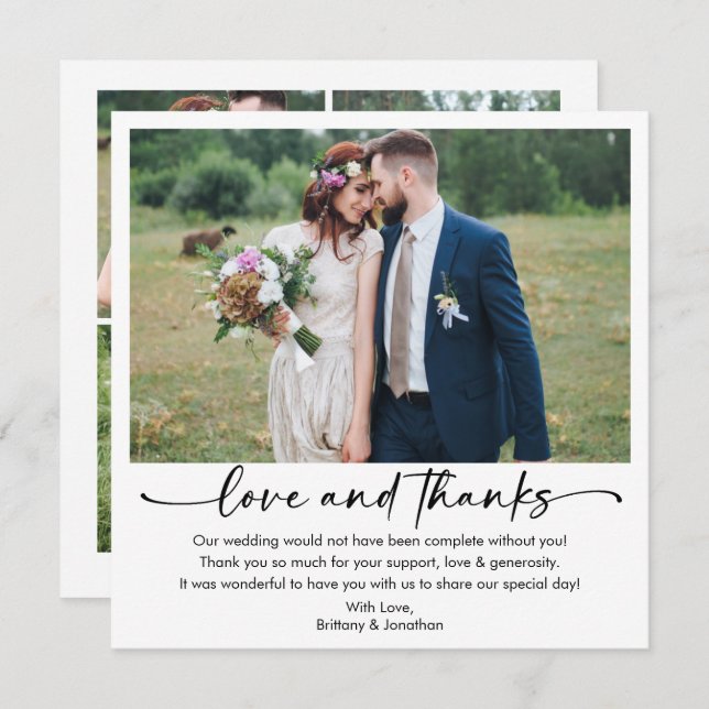 Calligraphy Ink Pen Script 5 Photo Wedding Square Thank You Card (Front/Back)