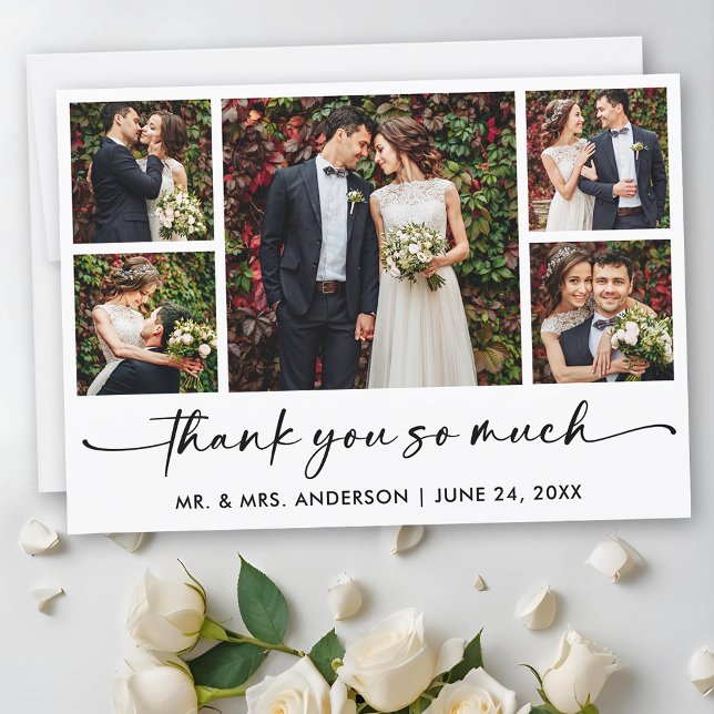 Calligraphy Ink Pen Script 5 Photo Wedding Thank You Card (Customize to add text to back of card.)