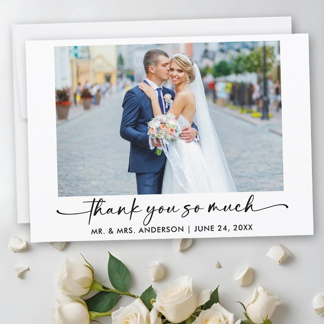 Calligraphy Ink Pen Script Photo Wedding Thank You (Customize to add text to back of card.)