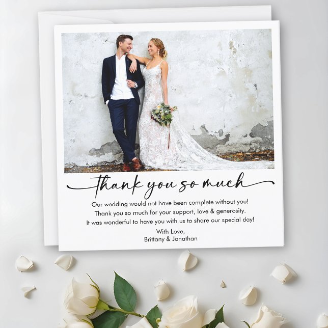Calligraphy Ink Pen Script Wedding Photo Square Thank You Card (Customize to add more text or photos to back of card.)