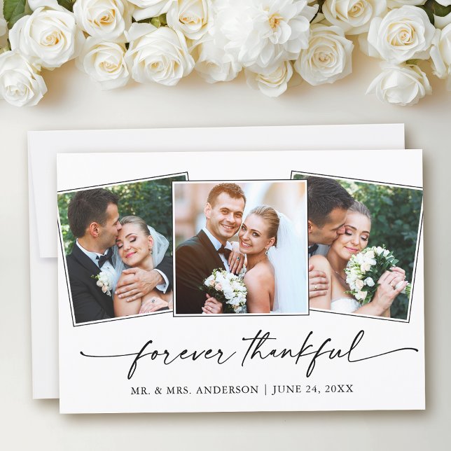 Calligraphy Ink Pen Thankful 3 Photos Wedding Thank You Card (Customize to add text to back of card.)