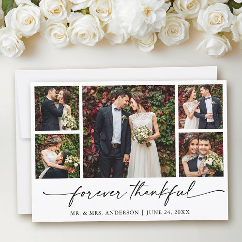 Calligraphy Ink Pen Thankful 5 Photo Wedding Thank You Card