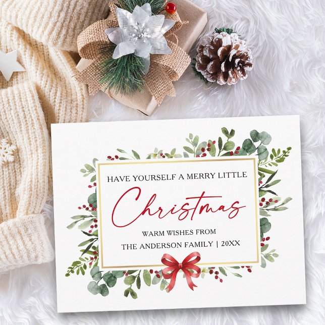 Calligraphy Ink Pen Watercolor Greenery Red Bow Holiday Postcard (Customize to change your personalized text size or text style.)