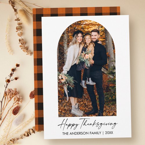 Calligraphy Ink Photo Arch Plaid Thanksgiving Holiday Card