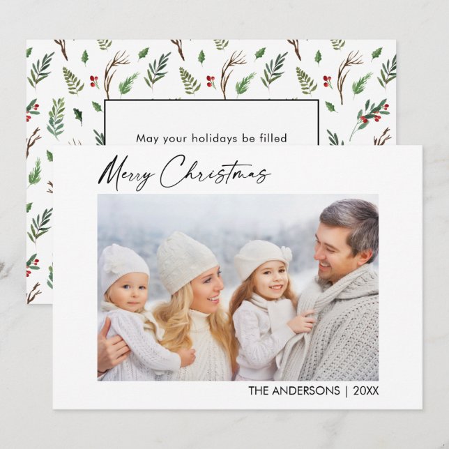 Calligraphy Ink Photo Christmas Greenery Berries Holiday Card (Front/Back)
