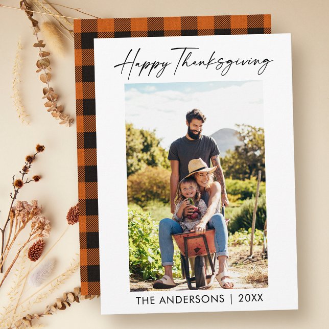 Calligraphy Ink Photo Thanksgiving Orange Plaid Holiday Card (Customize to change your personalized text size or text style.)