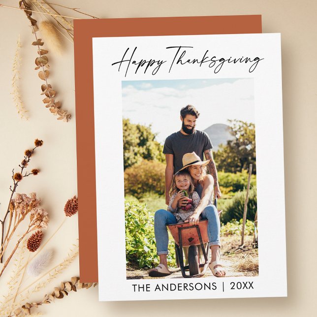 Calligraphy Ink Photo Thanksgiving Terracotta Holiday Card (Customize to change your personalized text size, style or to change color of back of card.)