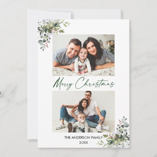 Calligraphy Ink Script 2 Photo Greenery Berries Holiday Card