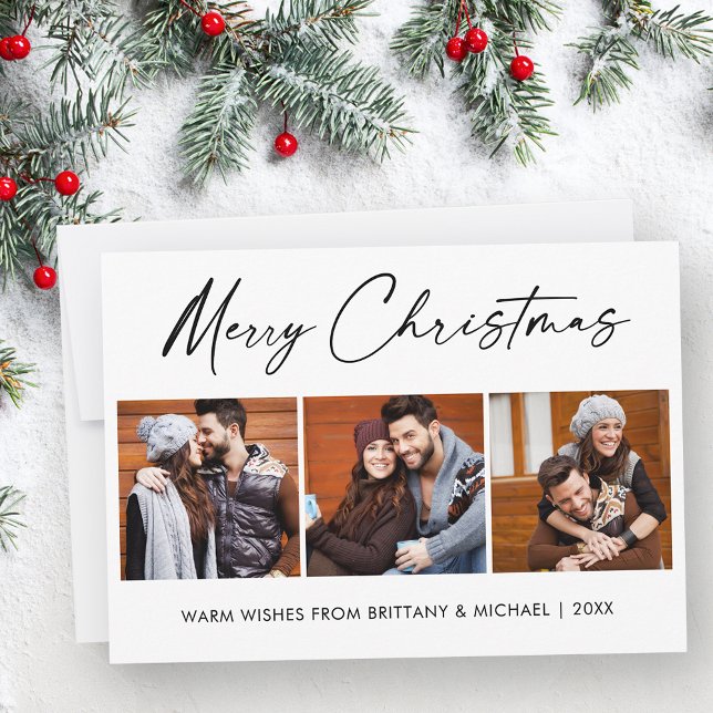 Calligraphy Ink Script 3 Photo Couple Christmas Holiday Card (Customize to change your personalized text size or style.)