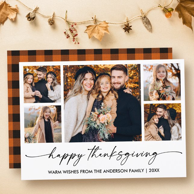 Calligraphy Ink Script 5 Photo Plaid Thanksgiving Holiday Card (Customize to change your personalized text size or text style.)