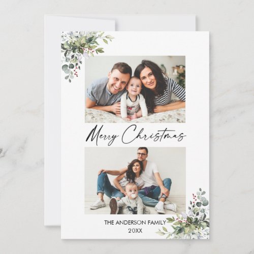 Calligraphy Ink Script Greenery Berries 2 Photo Holiday Card