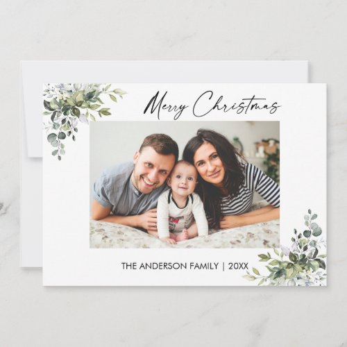 Calligraphy Ink Script Greenery Photo Christmas Holiday Card