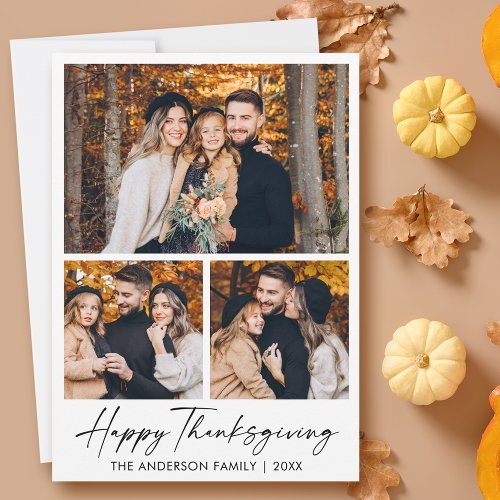 Calligraphy Ink Script Happy Thanksgiving 3 Photo Holiday Card