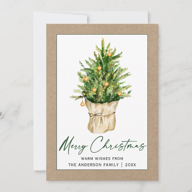 Calligraphy Ink Script Kraft Watercolor Pine Tree Holiday Card (Front)