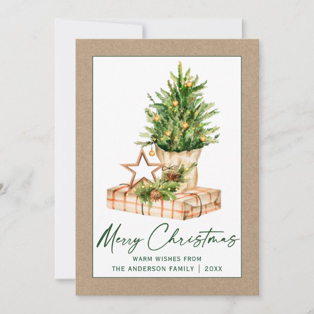 Calligraphy Ink Script Kraft Watercolor Pine Tree Holiday Card (Front)
