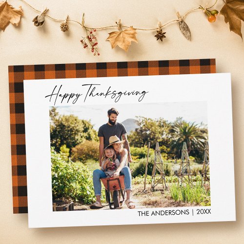 Calligraphy Ink Script Orange Plaid Thanksgiving Holiday Card