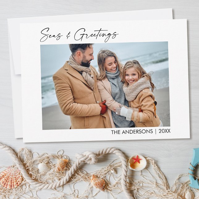 Calligraphy Ink Script Photo Seas and Greetings Holiday Card (Customize to change your personalized text size or text style.)