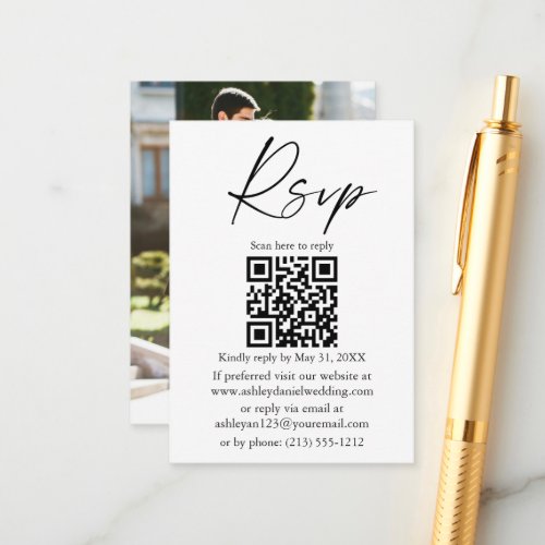 Calligraphy Ink Script Photo Wedding QR RSVP  Enclosure Card