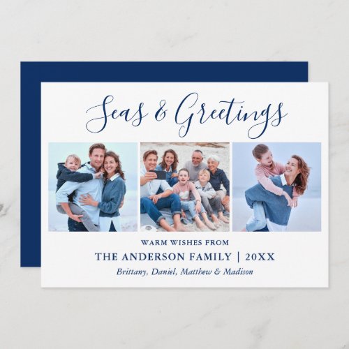 Calligraphy Ink Script Seas and Greetings 3 Photo Holiday Card