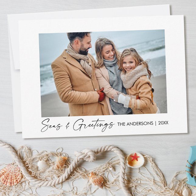 Calligraphy Ink Script Seas and Greetings Photo Holiday Card (Customize to change your personalized text size or text style.)