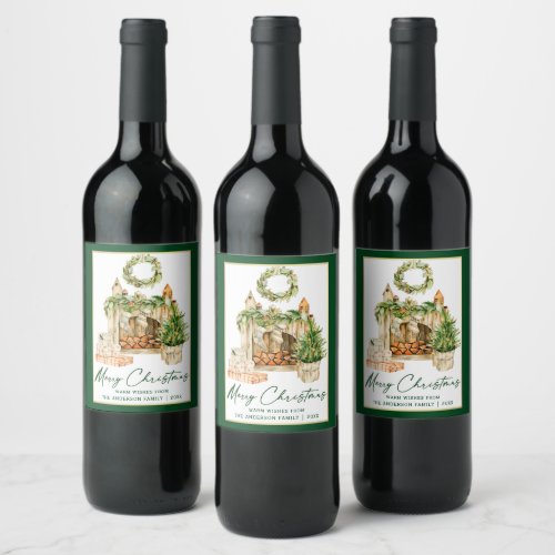 Calligraphy Ink Script Watercolor Christmas Green Wine Label