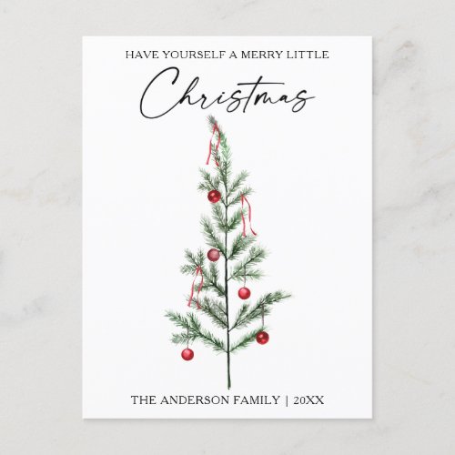 Calligraphy Ink Script Watercolor Christmas Tree Holiday Postcard