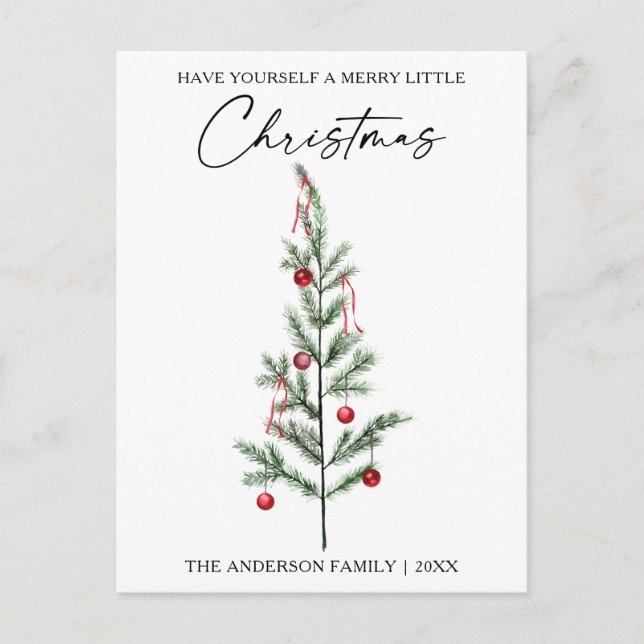 Calligraphy Ink Script Watercolor Christmas Tree Holiday Postcard (Front)
