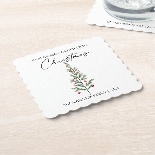 Calligraphy Ink Script Watercolor Christmas Tree Paper Coaster