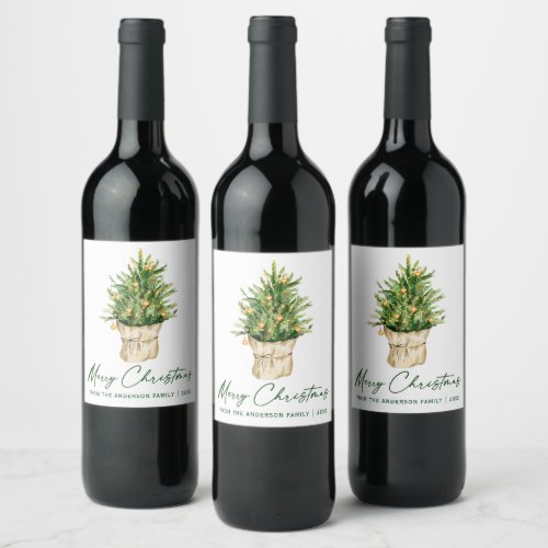 Calligraphy Ink Script Watercolor Christmas Tree Wine Label