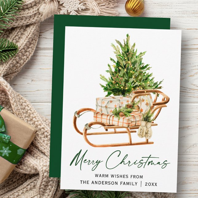 Calligraphy Ink Script Watercolor Pine Tree Sleigh Holiday Card (Customize to change your personalized text size, style or change color of back of card.)