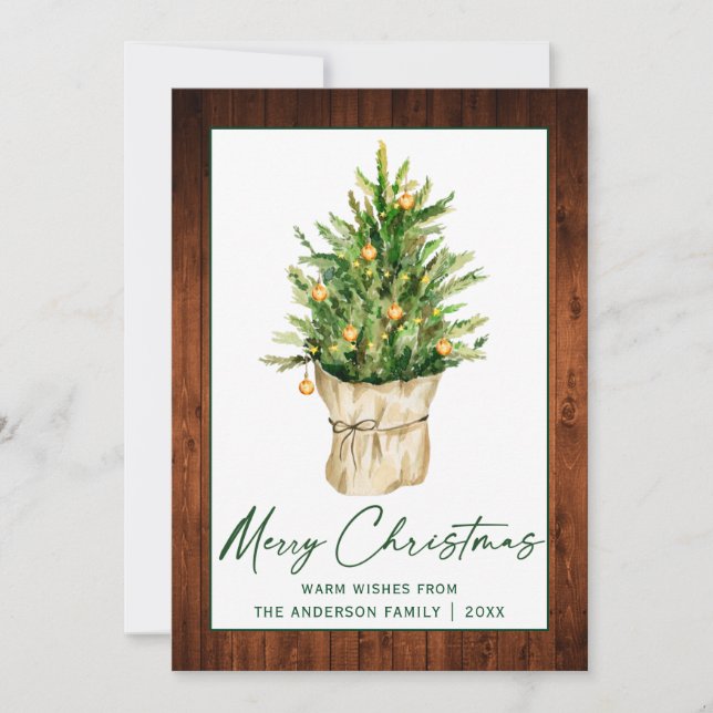 Calligraphy Ink Script Watercolor Pine Tree Wood Holiday Card (Front)