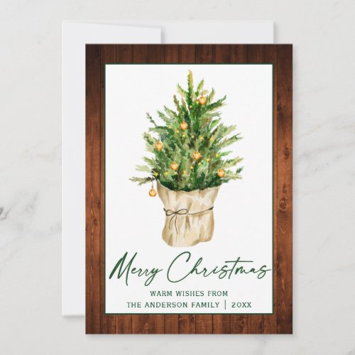 Calligraphy Ink Script Watercolor Pine Tree Wood Holiday Card