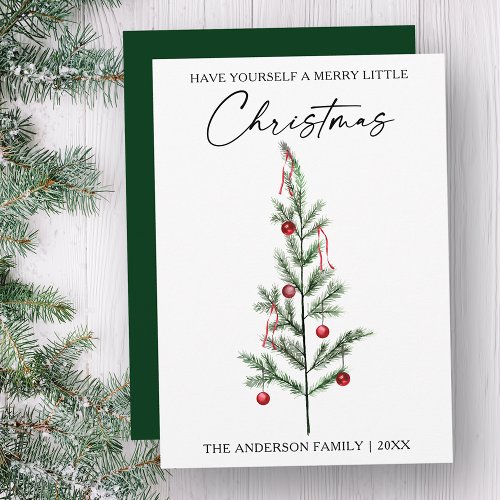 Calligraphy Ink Script Watercolor Tree Green Holiday Card