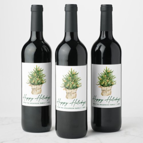 Calligraphy Ink Script Watercolor Tree Holiday Wine Label