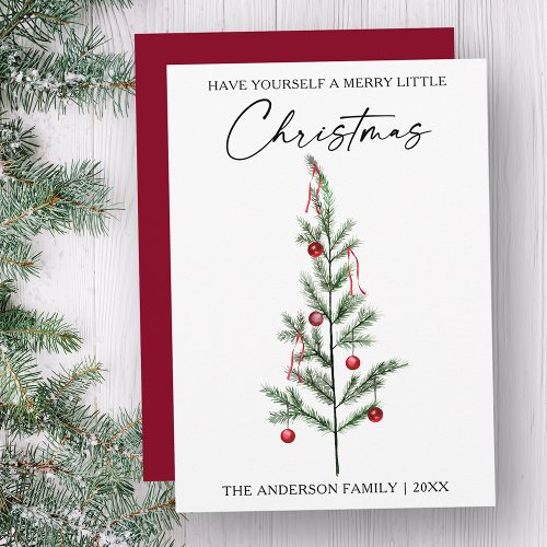 Calligraphy Ink Script Watercolor Tree Red Holiday Card