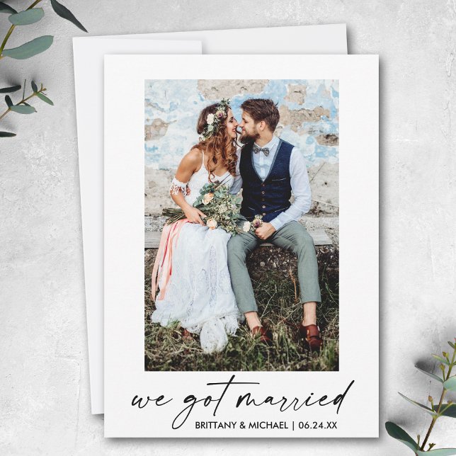 Calligraphy Ink Script We Got Married Photo Announcement (Customize to add text or more photos to back of card.)