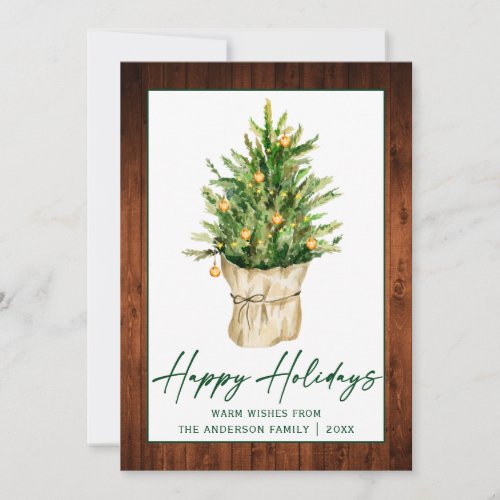 Calligraphy Ink Script Wood Watercolor Pine Tree Holiday Card