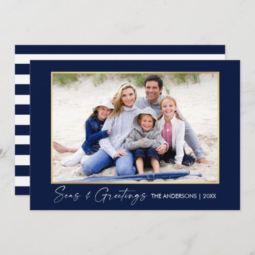 Calligraphy Ink Seas and Greetings Gold Blue Holiday Card