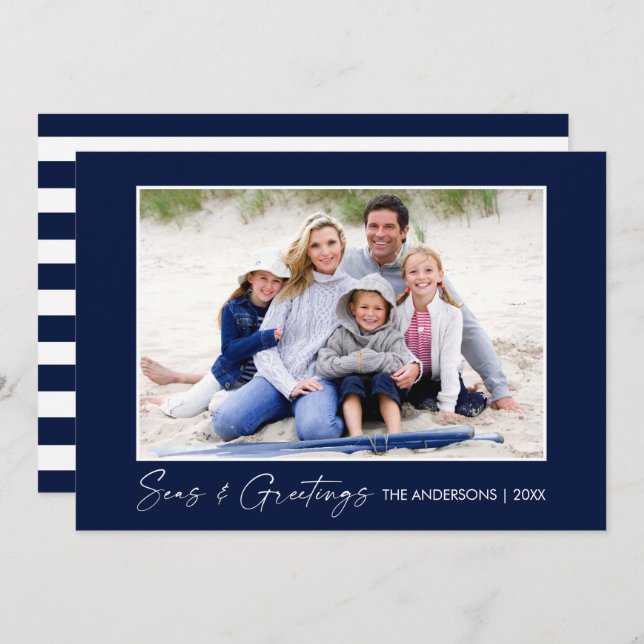 Calligraphy Ink Seas and Greetings Photo Blue Holiday Card (Front/Back)