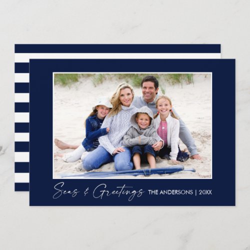 Calligraphy Ink Seas and Greetings Photo Blue Holiday Card