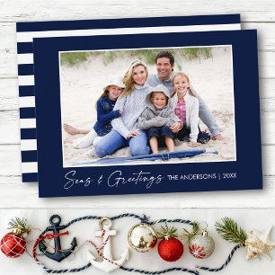 Calligraphy Ink Seas and Greetings Photo Blue Holiday Card