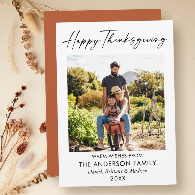 Calligraphy Ink Terracotta Photo Thanksgiving Holiday Card (Customize to change your personalized text size or text style.)