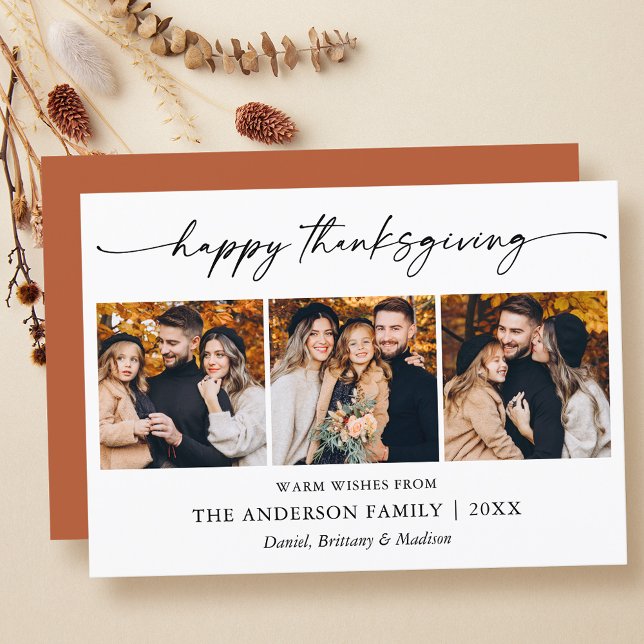 Calligraphy Ink Thanksgiving Terracotta 3 Photo Holiday Card (Customize to change your personalized text size, text style or to add more text to back of card.)