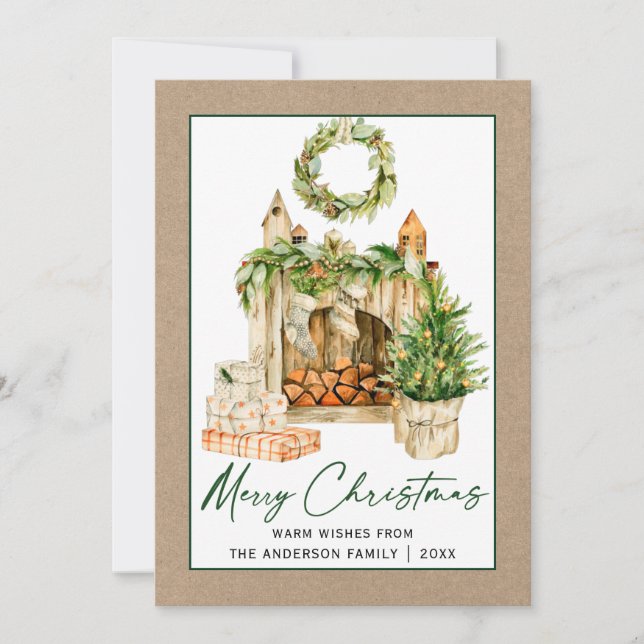 Calligraphy Ink Watercolor Christmas Kraft Holiday Card (Front)