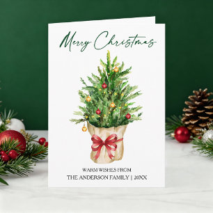 Calligraphy Ink Watercolor Christmas Pine Red Bow Holiday Card