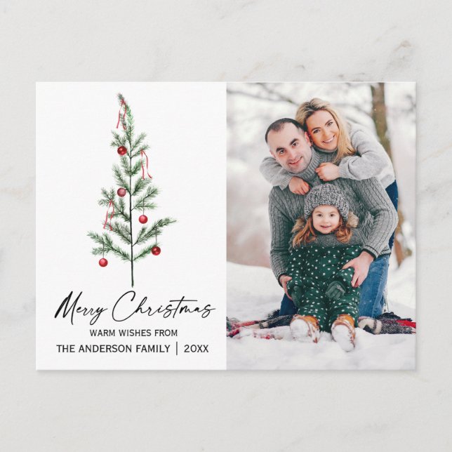 Calligraphy Ink Watercolor Christmas Tree Photo Holiday Postcard (Front)