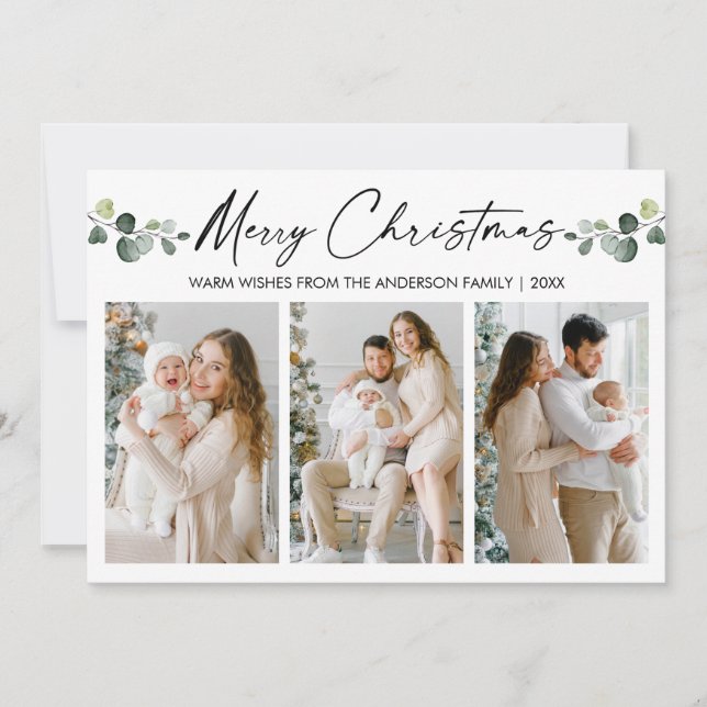 Calligraphy Ink Watercolor Eucalyptus Christmas Holiday Card (Front)