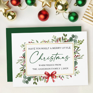 Calligraphy Ink Watercolor Greenery Red Bow Holiday Card