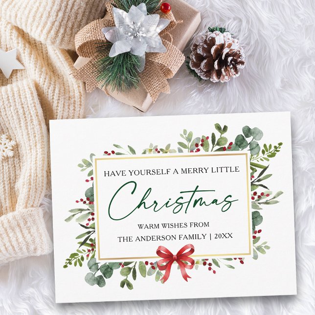Calligraphy Ink Watercolor Greenery Red Bow Holiday Postcard (Customize to change your personalized text size or text style.)