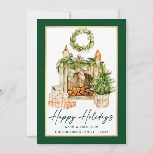 Calligraphy Ink Watercolor Holidays Gold Frame Holiday Card